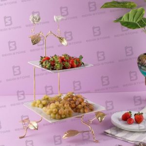 شیرینی خوری دو طبقه مربع گل و پرنده کد 6008